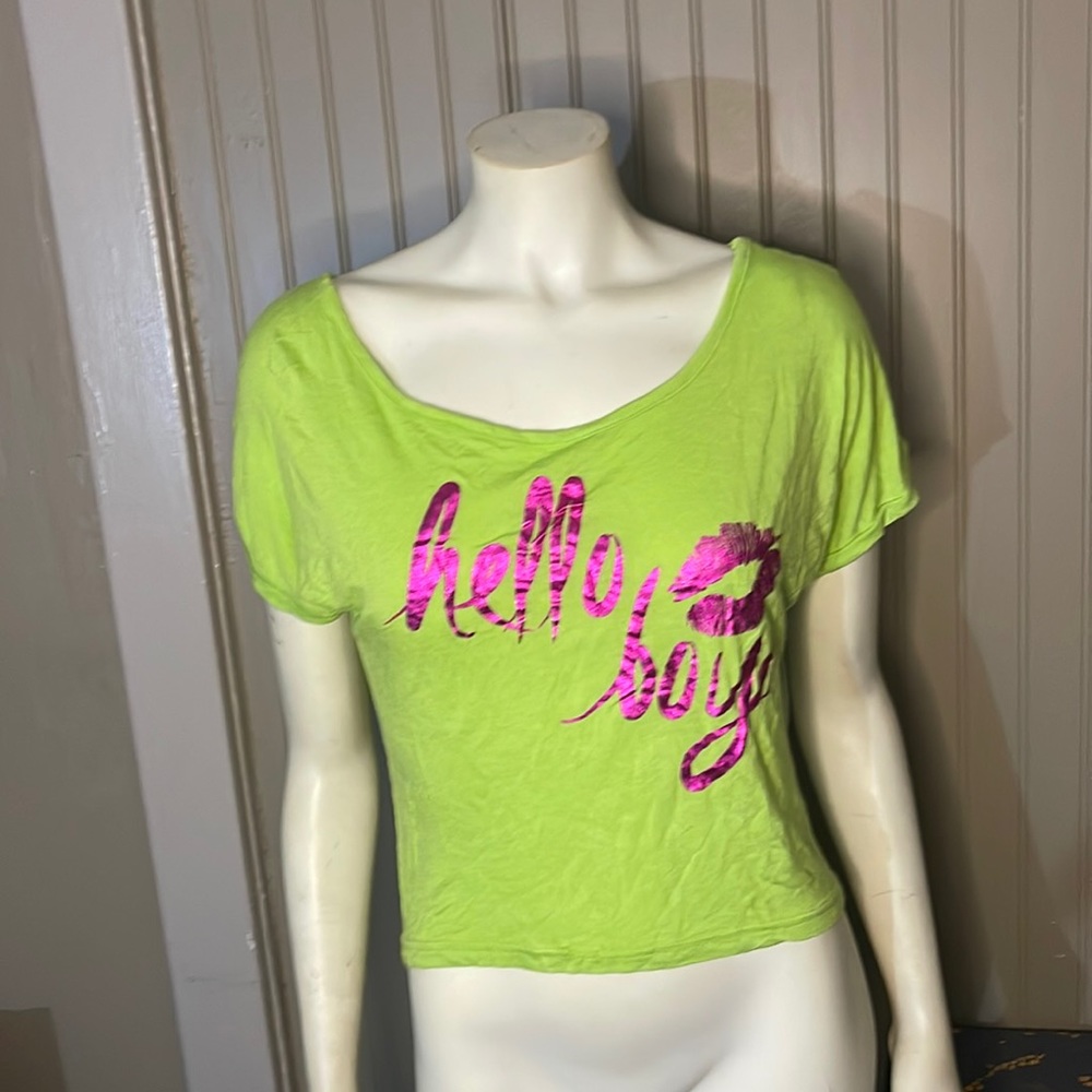 Y2K HELLO BOYS neon green hi-lo shirt T-Shirt Medium